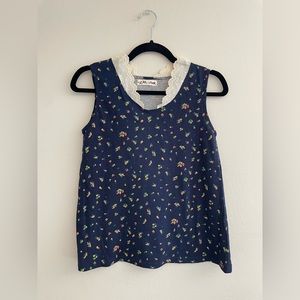 Navy Floral Tank Top Blouse with Eyelet Lace Collar Detail NWOT